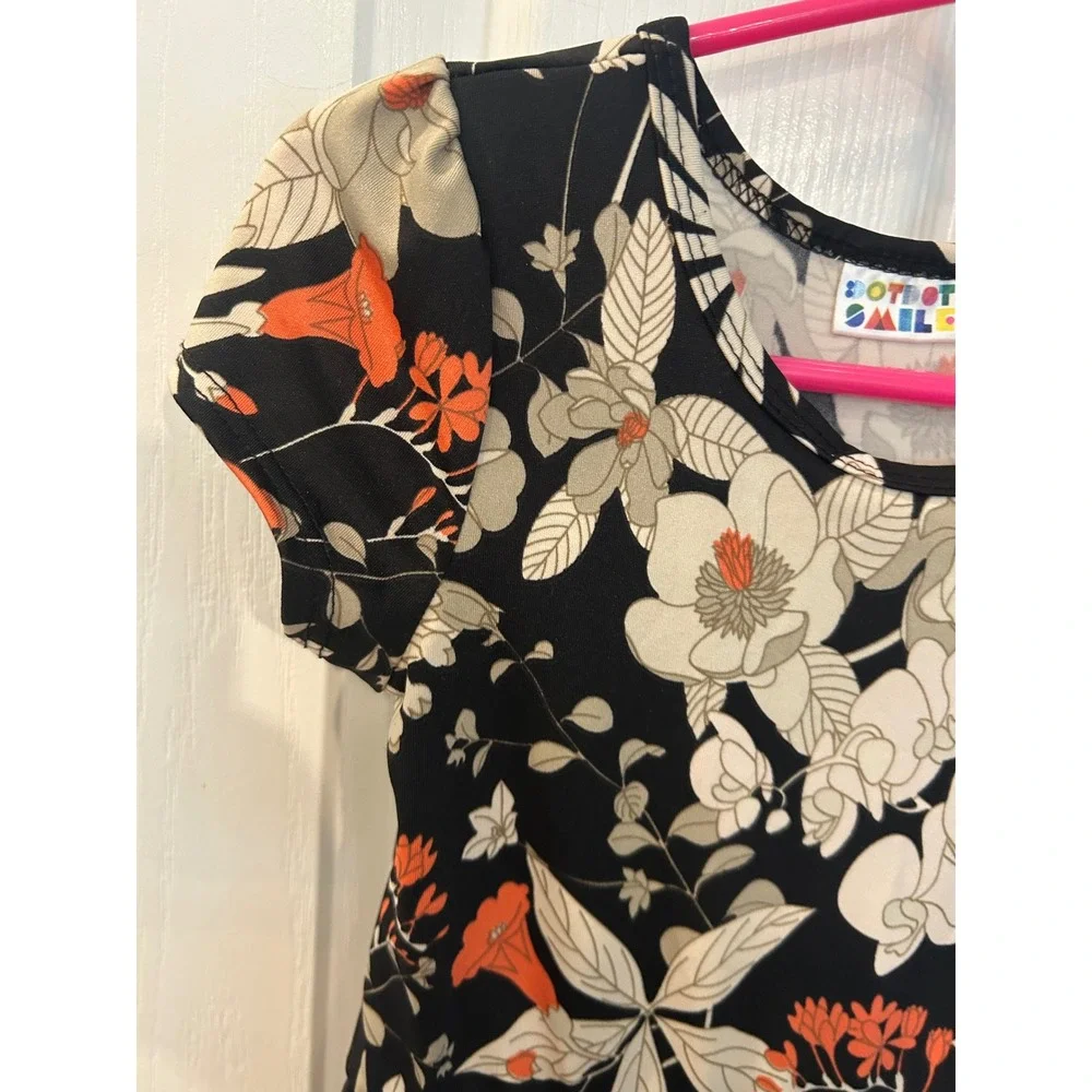DotDotSmile Fit and Flare‎ Dress Black Orange Floral Puff Sleeve Twirl Dress 3/4